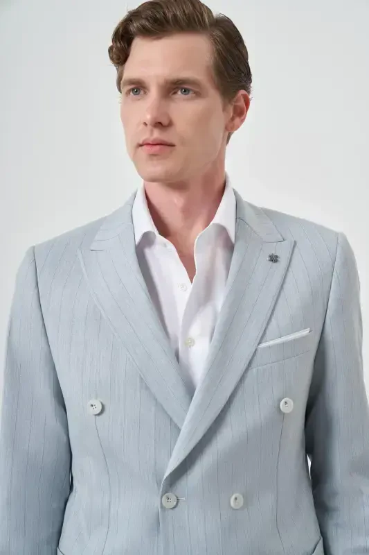 Morven Erkek A. MAVİ Çizgili Desen Kruvaze Slim Fit Sivri Yaka Takım Elbise - 3