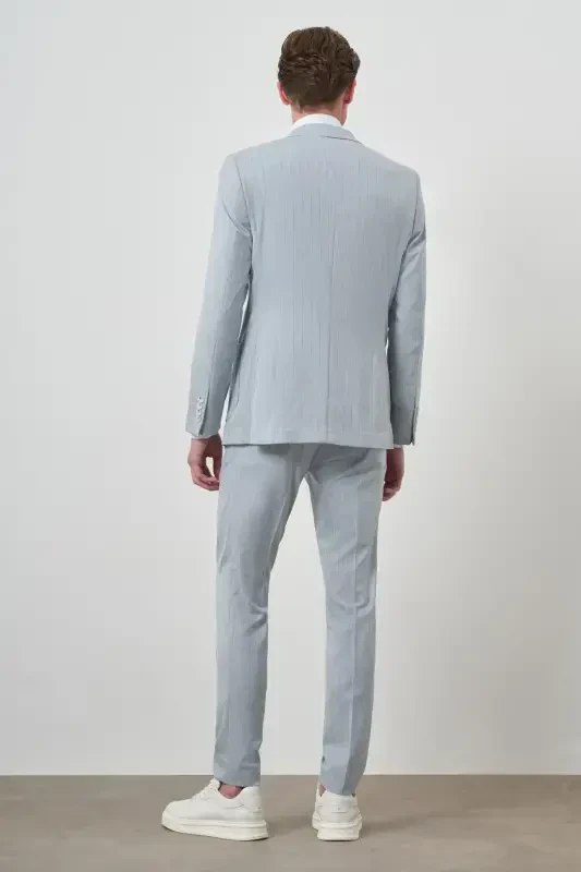 Morven Erkek A. MAVİ Çizgili Desen Kruvaze Slim Fit Sivri Yaka Takım Elbise - 5