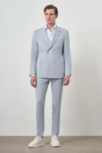 Morven Erkek A. MAVİ Çizgili Desen Kruvaze Slim Fit Sivri Yaka Takım Elbise - 6