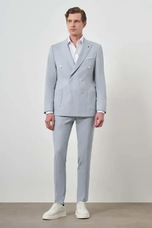 Morven Erkek A. MAVİ Çizgili Desen Kruvaze Slim Fit Sivri Yaka Takım Elbise - 6