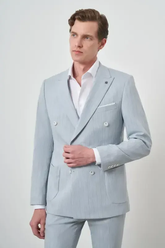 Modazone Erkek A. MAVİ Çizgili Desen Kruvaze Slim Fit Sivri Yaka Takım Elbise - MORVEN