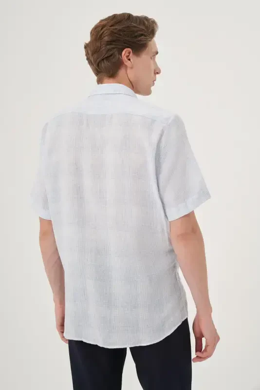 Morven Erkek A. MAVİ Keten Trend Regular Fit Düğmeli Yaka Kısa Kol Gömlek - 5