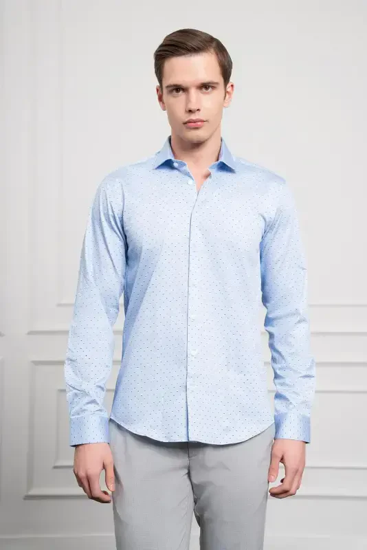 Morven Erkek A. MAVİ Pamuk Baskılı Desenli İtalyan Yaka Slim Fit Gömlek - 1
