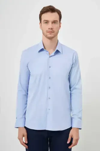 Modazone Erkek A. MAVİ Pamuk Düz Desen İtalyan Yaka Slim Fit Gömlek - MORVEN (1)