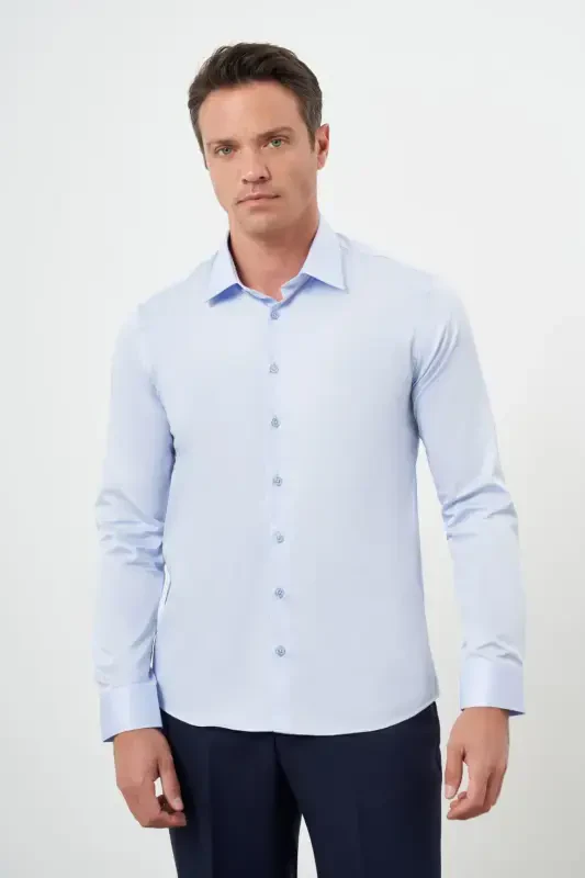 Morven Erkek A. MAVİ Pamuk Düz Desen Sert Yaka Slim Fit Gömlek - 1