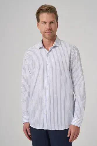 Modazone Erkek A. MAVİ Pamuk Trend Çizgili Slim Fit Yarım İtalyan Yaka Gömlek 