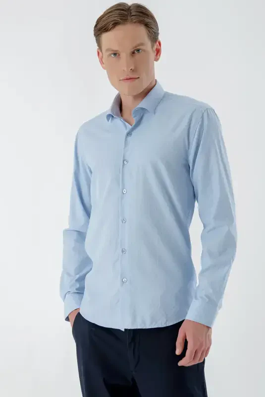 Morven Erkek A. MAVİ Trend Çizgili Panolu İtalyan Yaka Slim Fit Gömlek - 1