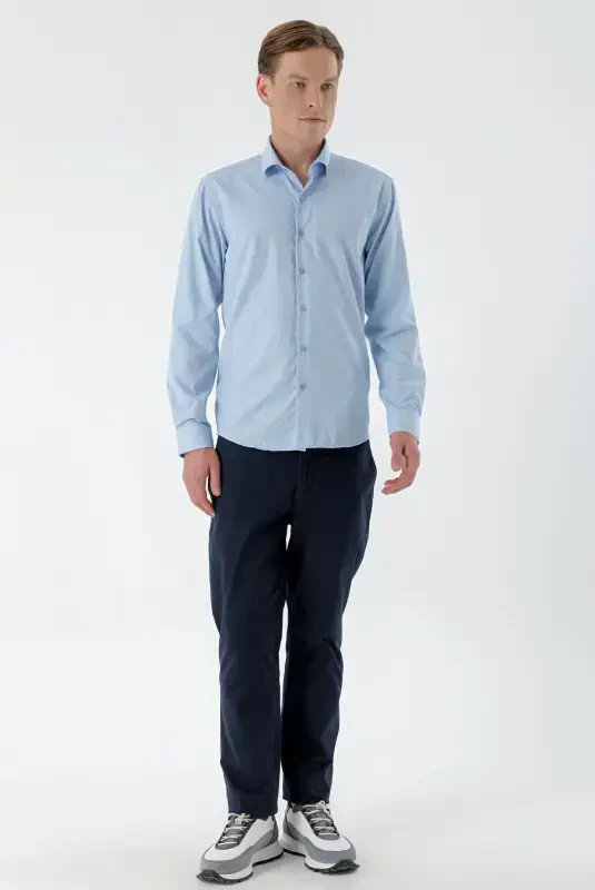 Morven Erkek A. MAVİ Trend Çizgili Panolu İtalyan Yaka Slim Fit Gömlek - 5