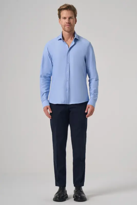 Morven Erkek A. MAVİ Trend Düz Slim Fit Tam İtalyan Yaka Gömlek - 4