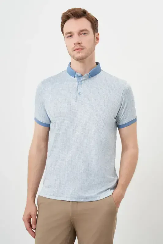 Morven Erkek A. MAVİ Trend Merserize Jakar Desen Düğmeli Yaka Dynamic Fit T-Shirt - 2