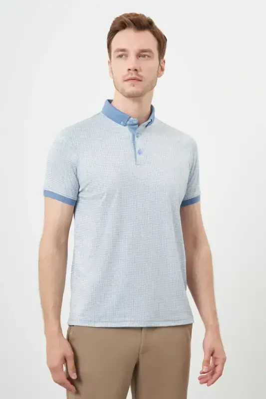 Morven Erkek A. MAVİ Trend Merserize Jakar Desen Düğmeli Yaka Dynamic Fit T-Shirt - 3