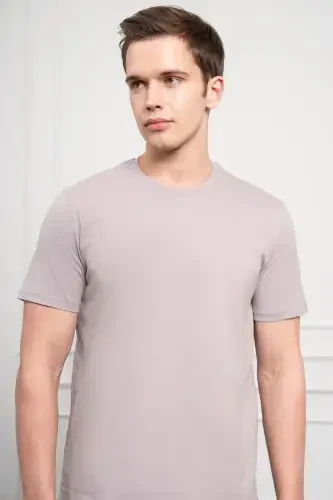 Modazone Erkek AÇIK GRİ Basic Bisiklet Yaka Dynamic Fit Pamuk T-Shirt - 4