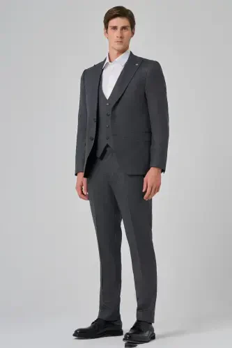 Morven Erkek Antrasit Poliviskon Yelekli Trend Desenli Slim Fit Sivri Yaka Takım Elbise - MORVEN (1)