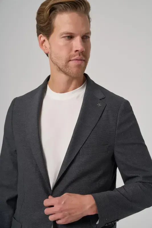 Morven Erkek Antrasit Yünlü Slim Fit Mono Yaka Ceket - 3