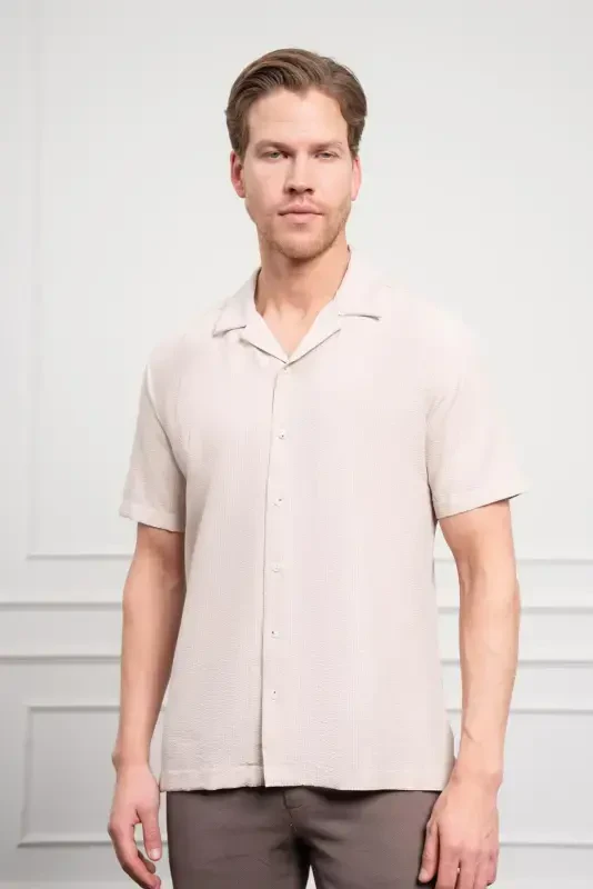 Morven Erkek Bej Apaş Yaka Kısa Kol Gömlek - 3