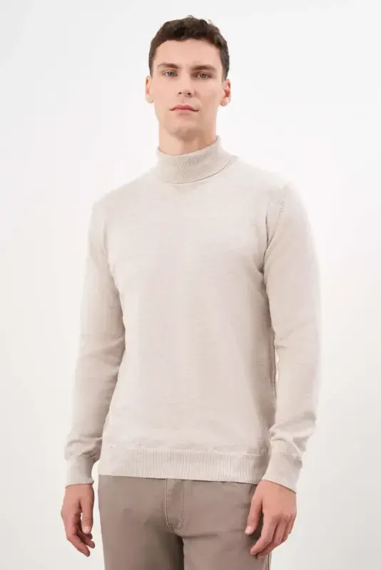 Morven Erkek Bej Basic Balıkçı Yaka Dynamic Fit Rahat Kesim Triko - 2