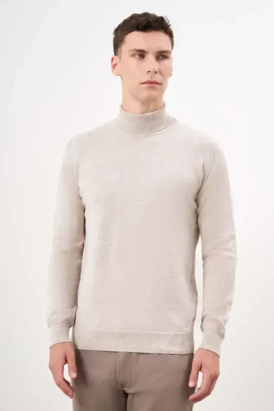 Morven Erkek Bej Basic Balıkçı Yaka Dynamic Fit Rahat Kesim Triko - 3