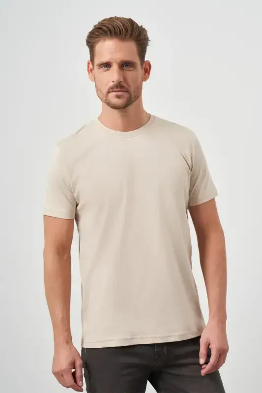Morven Erkek Bej Basic Bisiklet Yaka Dynamic Fit T-Shirt - 1