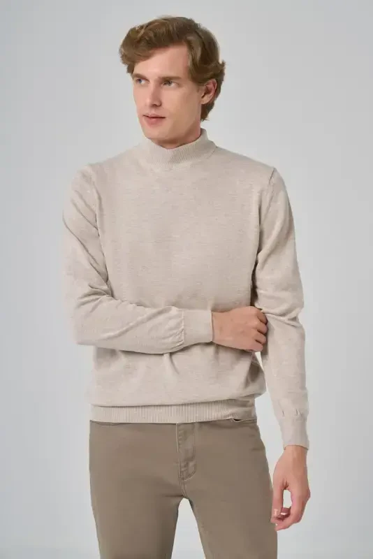 Morven Erkek Bej Basic Yarım Balıkçı Yaka Dynamic Fit Rahat Kesim Triko - 1