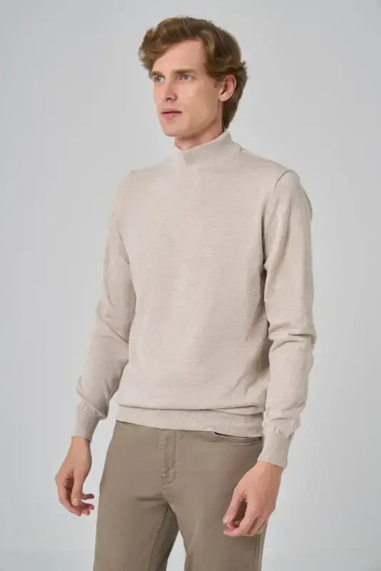 Morven Erkek Bej Basic Yarım Balıkçı Yaka Dynamic Fit Rahat Kesim Triko - 3