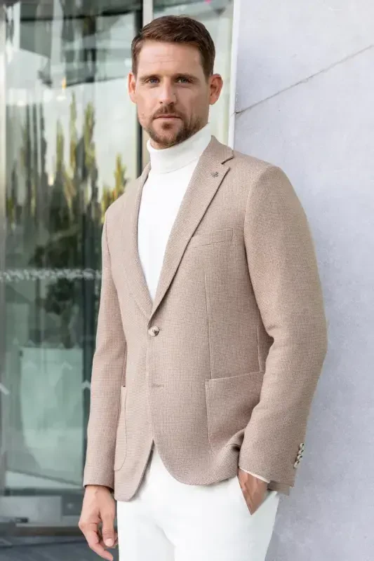 Morven Erkek Bej Dokuma Slim Fit Mono Yaka Ceket - 1