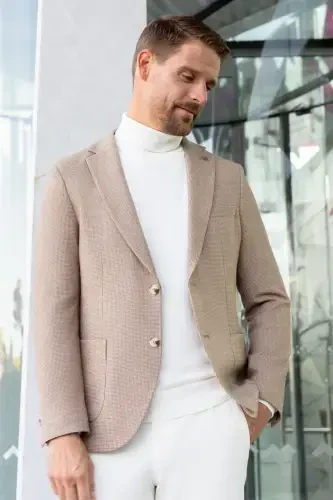 Morven Erkek Bej Dokuma Slim Fit Mono Yaka Ceket - MORVEN (1)