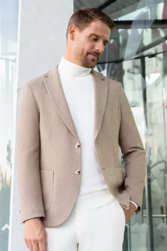 Morven Erkek Bej Dokuma Slim Fit Mono Yaka Ceket - 2