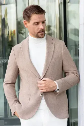 Morven Erkek Bej Dokuma Slim Fit Mono Yaka Ceket - 3