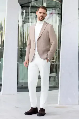 Morven Erkek Bej Dokuma Slim Fit Mono Yaka Ceket - 4