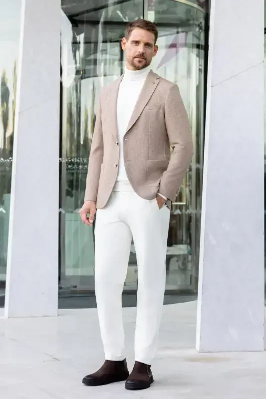 Morven Erkek Bej Dokuma Slim Fit Mono Yaka Ceket - 4