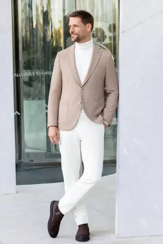 Morven Erkek Bej Dokuma Slim Fit Mono Yaka Ceket - 5