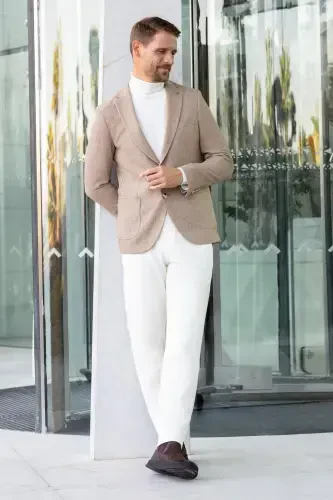 Morven Erkek Bej Dokuma Slim Fit Mono Yaka Ceket - 6