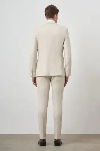 Morven Erkek Bej Keten Kruvaze Slim Fit Sivri Yaka Takım Elbise - 5