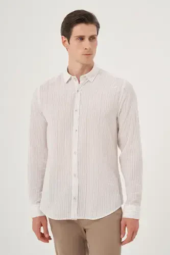 Morven Erkek Bej Keten Trend Dynamic Fit Britli Yaka Gömlek - MORVEN (1)