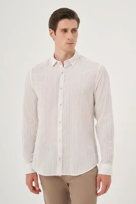 Morven Erkek Bej Keten Trend Dynamic Fit Britli Yaka Gömlek - 2