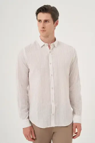 Morven Erkek Bej Keten Trend Dynamic Fit Britli Yaka Gömlek - 3