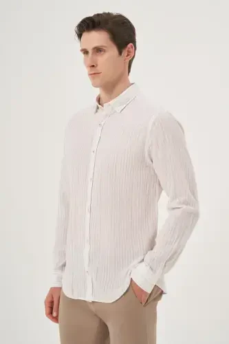 Morven Erkek Bej Keten Trend Dynamic Fit Britli Yaka Gömlek - 4