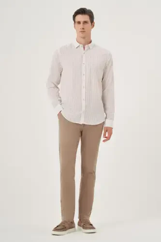 Morven Erkek Bej Keten Trend Dynamic Fit Britli Yaka Gömlek - 5