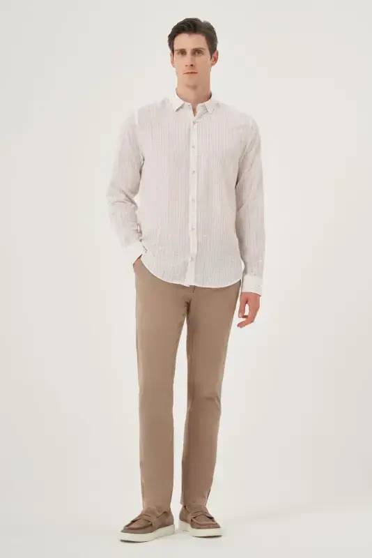 Morven Erkek Bej Keten Trend Dynamic Fit Britli Yaka Gömlek - 5