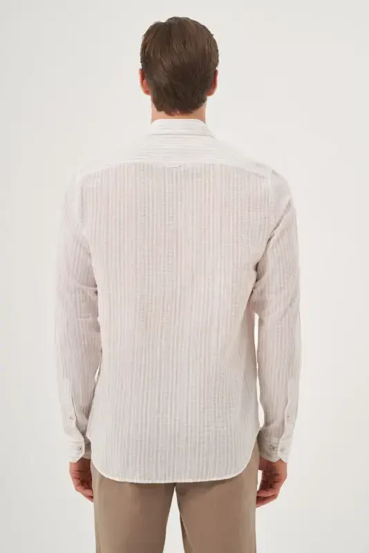 Morven Erkek Bej Keten Trend Dynamic Fit Britli Yaka Gömlek - 6