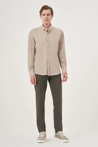 Morven Erkek Bej Örme Slim Fit Düğmeli Yaka Gömlek - 3