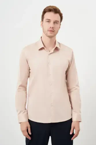 Morven Erkek Bej Pamuk Düz Desen Sert Yaka Slim Fit Gömlek - 3