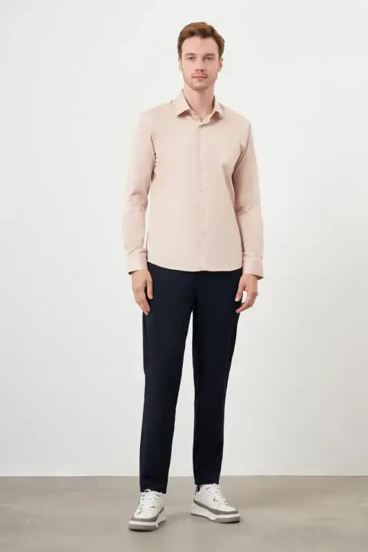Morven Erkek Bej Pamuk Düz Desen Sert Yaka Slim Fit Gömlek - 4