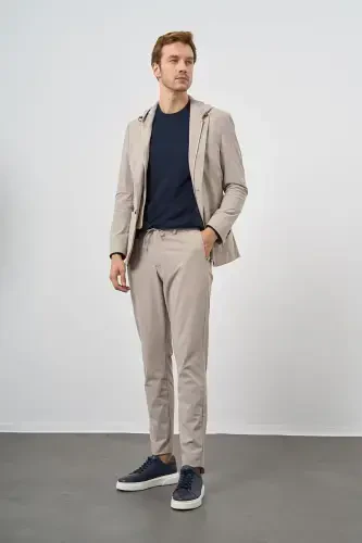 Morven Erkek Bej Polyamide Torba Cep Kapüşonlu Slim Fit Mono Yaka Spor Takım Elbise 