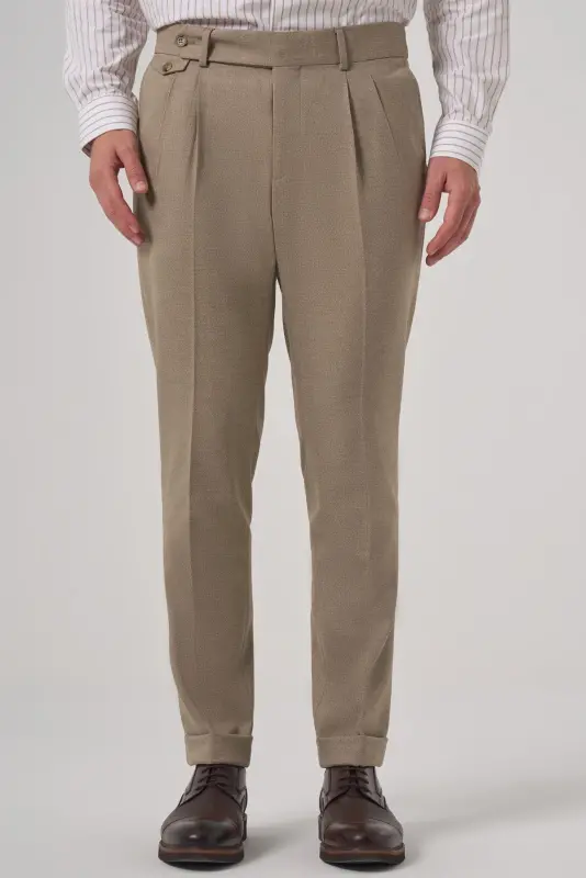 Morven Erkek Bej Poliviskon Trend Desenli Slim Fit Çift Pile Pantolon - MORVEN