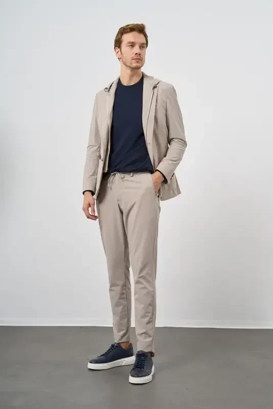 Modazone Erkek Bej Polyamide Torba Cep Kapüşonlu Slim Fit Mono Yaka Spor Takım Elbise - MORVEN