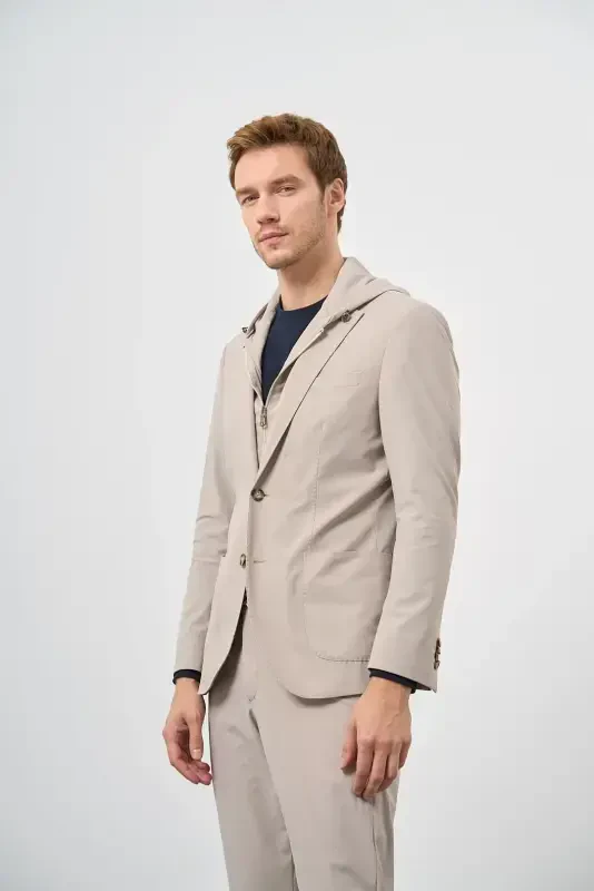 Modazone Erkek Bej Polyamide Torba Cep Kapüşonlu Slim Fit Mono Yaka Spor Takım Elbise - 3
