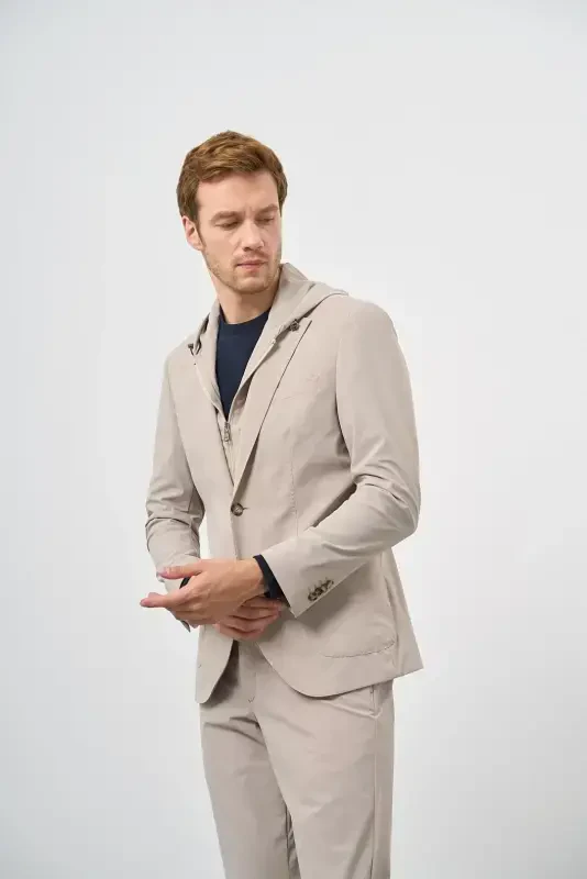 Modazone Erkek Bej Polyamide Torba Cep Kapüşonlu Slim Fit Mono Yaka Spor Takım Elbise - 4