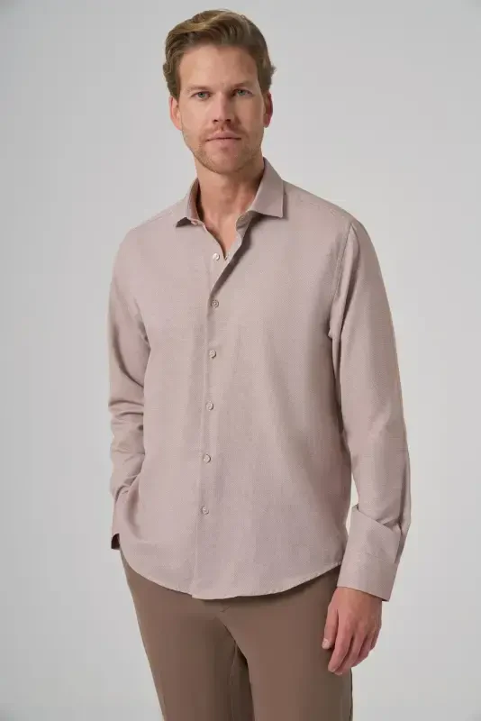 Morven Erkek Bej Polyester Trend Desenli Dynamic Fit İtalyan Yaka Gömlek - 1