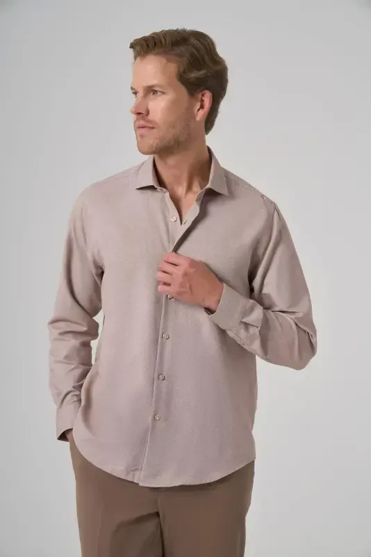 Morven Erkek Bej Polyester Trend Desenli Dynamic Fit İtalyan Yaka Gömlek - 2
